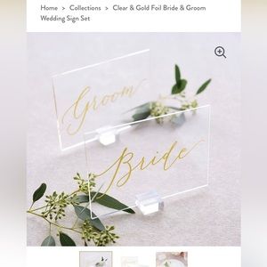 Sign: Clear & Gold Foil Bride & Groom Wedding Sign Set with base